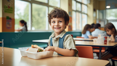 Young boy preschooler sitting in the school cafeteria eating lunch. photo