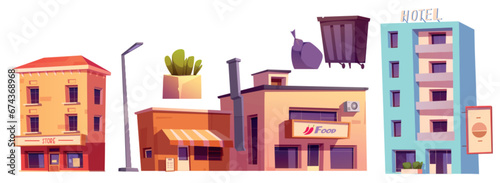 Street city elements for downtown exterior landscape creation. Cartoon vector set of town multistorey buildings with cafe and store, lantern and plant in pot decoration, garbage and trash can.