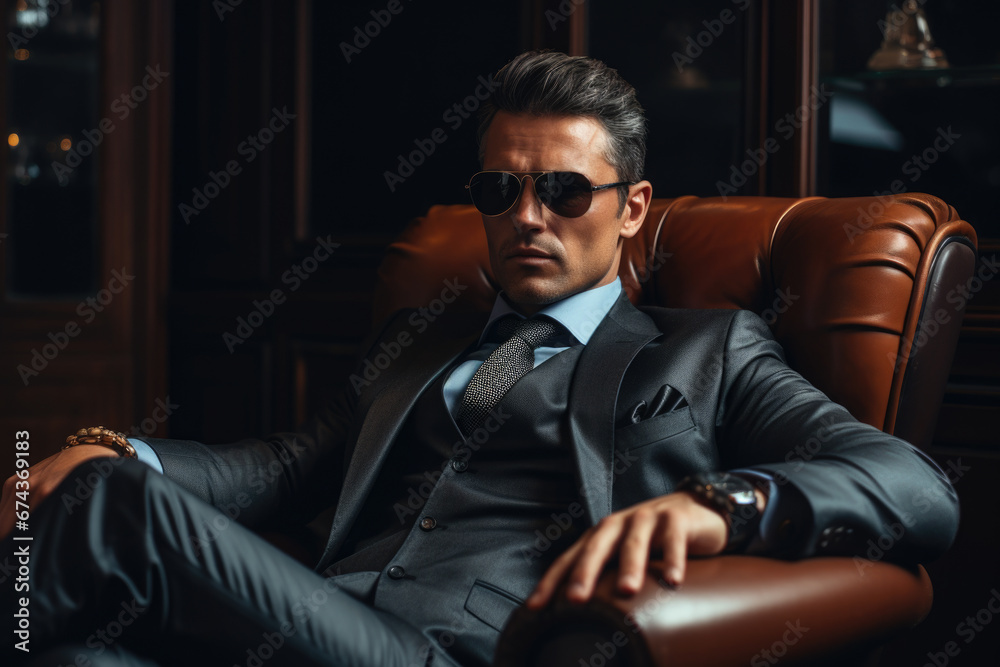 Man in suit and sunglasses is sitting in chair. This image can be used to represent confidence, business, or relaxation. Man in suit and sunglasses is sitting in chair. This image can be used to represent confidence, business, or relaxation.