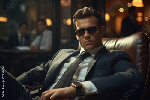 Man wearing suit and sunglasses sitting in chair. This image can be used for business, fashion, or professional concepts. photo