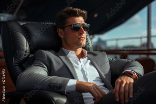 Professional man wearing suit and sunglasses sitting in chair. Perfect for business, corporate, or professional themes.