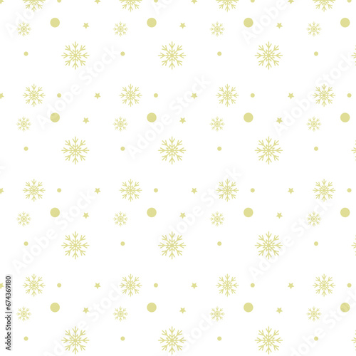 Seamless winter pattern with yellow-gold snowflakes, flakes and stars on white. Vector illustration. Paper, textile, texture, cloth, fabric, background, wallpaper.