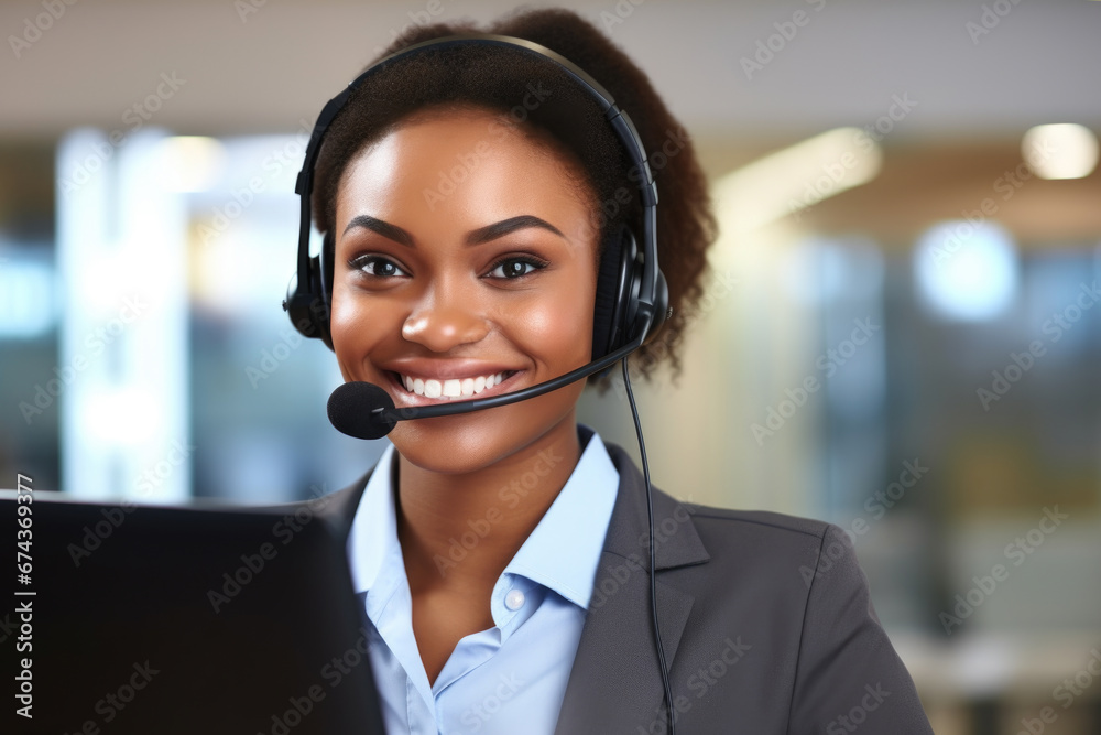 Woman wearing headset is using laptop. This image can be used to represent customer service, remote work, or online communication. Woman wearing headset is using laptop. This image can be used to represent customer service, remote work, or online communication.