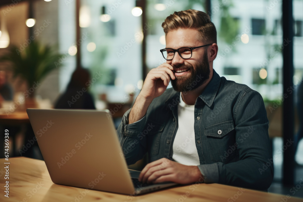 Man is sitting at table and using laptop computer. This image can be used to illustrate technology, remote work, or online communication. Man is sitting at table and using laptop computer. This image can be used to illustrate technology, remote work, or online communication.