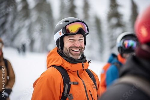 A ski instructor smiling cheerfully while teaching a group of beginners on the slopes.