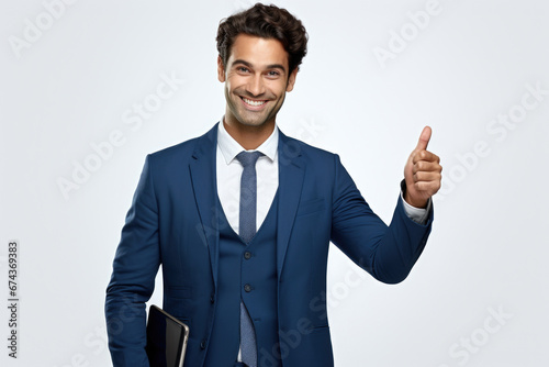 Man wearing blue suit is seen giving thumbs up gesture. Positivity, approval, success, and satisfaction. It is suitable for various professional and personal contexts.