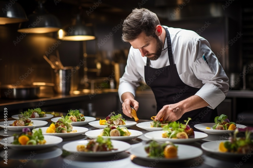 A skilled chef meticulously plating an exquisite dish in a high-end restaurant kitchen, surrounded by pots, pans, and fresh ingredients.