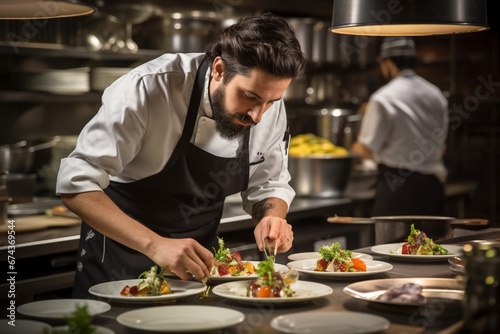 A skilled chef meticulously plating an exquisite dish in a high-end restaurant kitchen, surrounded by pots, pans, and fresh ingredients.
