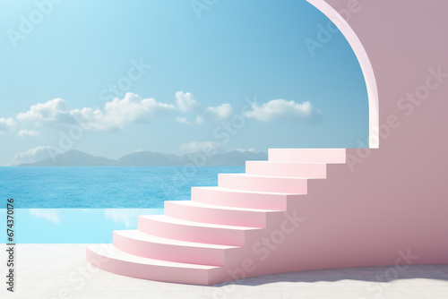 Staircase leading to pool with breathtaking view of ocean. Perfect for luxury resorts, beachfront properties, and vacation destinations. © vefimov