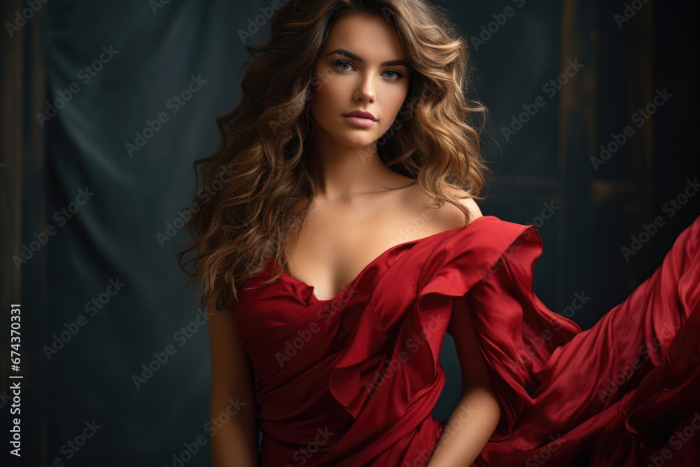 Woman in red dress striking pose for photograph. This image can be used for various purposes, such as fashion magazines, websites, or advertising campaigns.