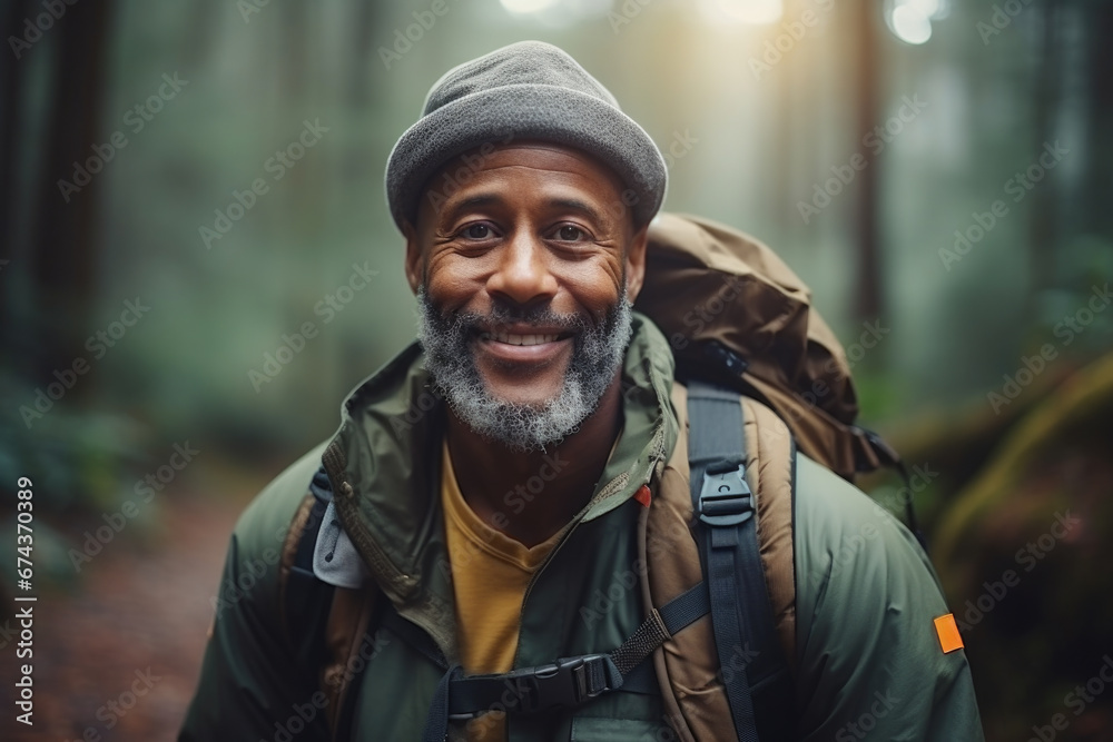 Man with backpack on his back is pictured in woods. This image can be used to depict hiking, adventure, travel, exploration, and nature. Man with backpack on his back is pictured in woods. This image can be used to depict hiking, adventure, travel, exploration, and nature.