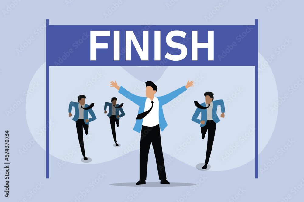 Businessman finish line celebrating success cheers of friends behind 2D flat vector concept for banner, website, illustration, landing page, flyer, etc