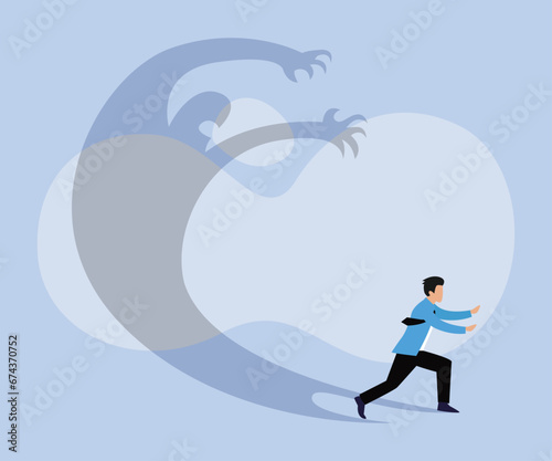 Businessman running away afraid of his own inner evil monster shadow 2D flat vector concept for banner, website, illustration, landing page, flyer, etc
