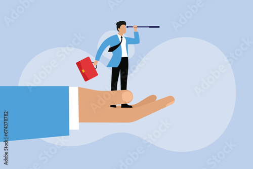 Hand holding a businessman using telescope 2D flat vector concept for banner, website, illustration, landing page, flyer, etc