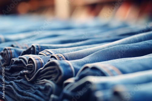 Close-up of stacked blue denim jeans.