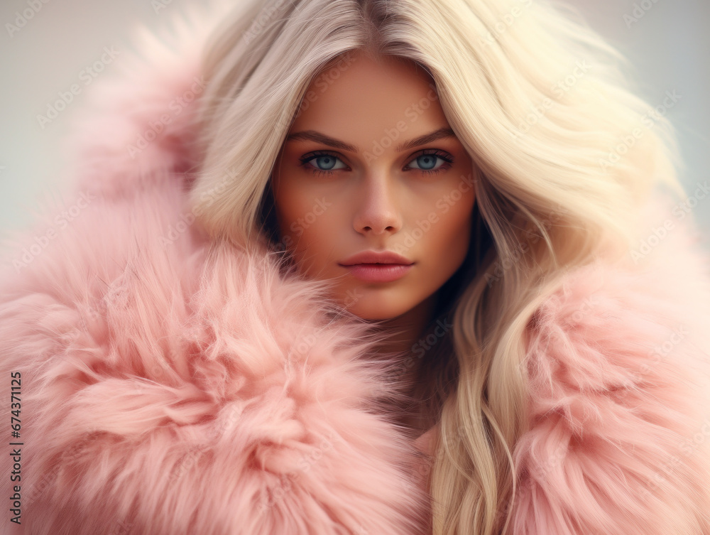 Elegant blonde woman in luxurious pink fur. Elegant blonde woman in luxurious pink fur.