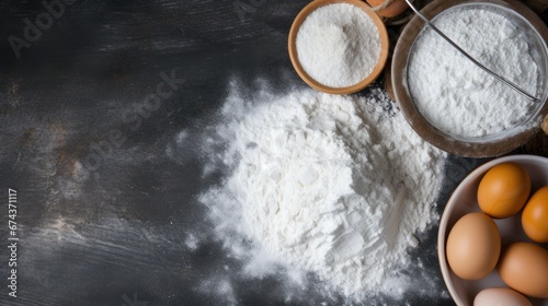 Top view, Ingredients for baking - flour, eggs, salt, sugar, milk. copy space