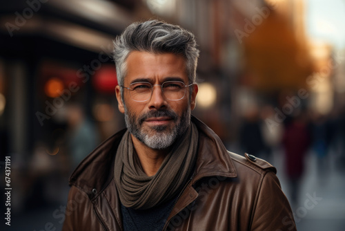 Man wearing glasses and scarf is seen walking on city street. This image can be used to depict urban fashion or stylish winter look.