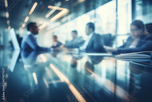Blurred businesspeople in a meeting in a modern office setting.