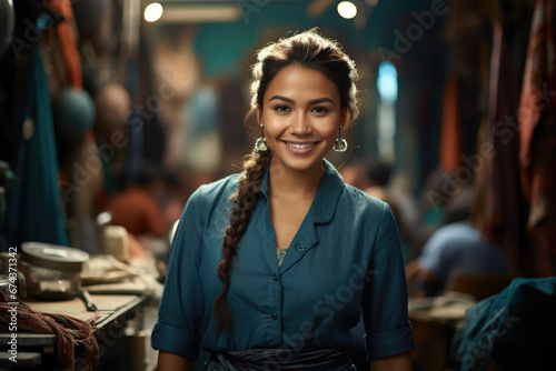 Woman wearing blue shirt smiles for camera. This picture can be used to represent happiness, positivity, and confidence.