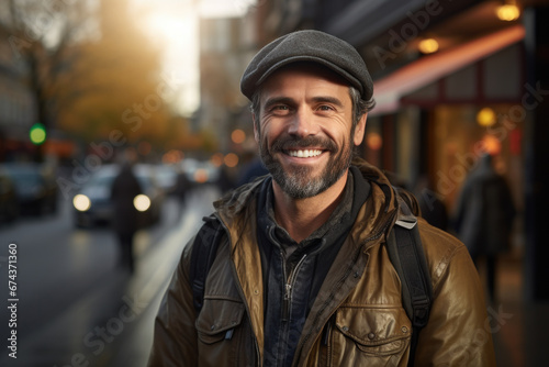 Man wearing leather jacket and hat smiles directly at camera. This image can be used to portray confidence, style, and cool attitude.