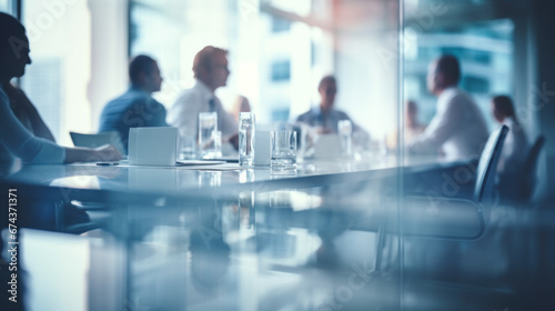 Blurred businesspeople in a meeting in a modern office  photo