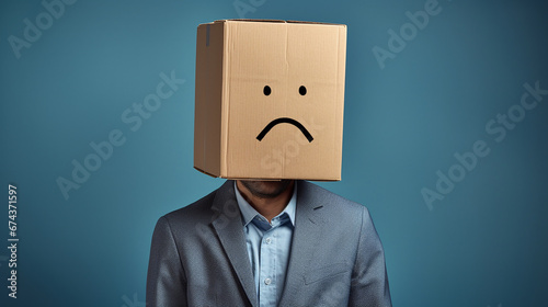Businessman with a cardboard box on his head, a sad face. Blue Monday Concept photo