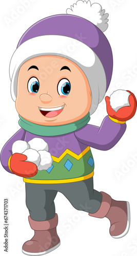 Cartoon little boy in winter clothes throwing snowballs