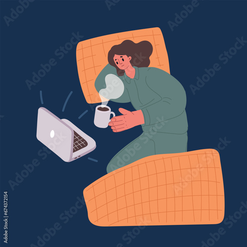 Cartoon vector illustration of Sick woman in bed,calling in sick,day off from work. Thermometer to check temperature for fever. Vitamins and hot tea in front. Flu. Woman Caught Cold. Virus.