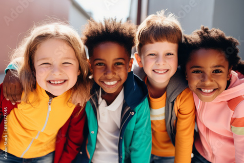 Group of cheerful schoolchildren hugging and looking at camera. Happy smiling multiethnic kids posing for group portrait. Children of different skin colors go to school together. Diversity concept.