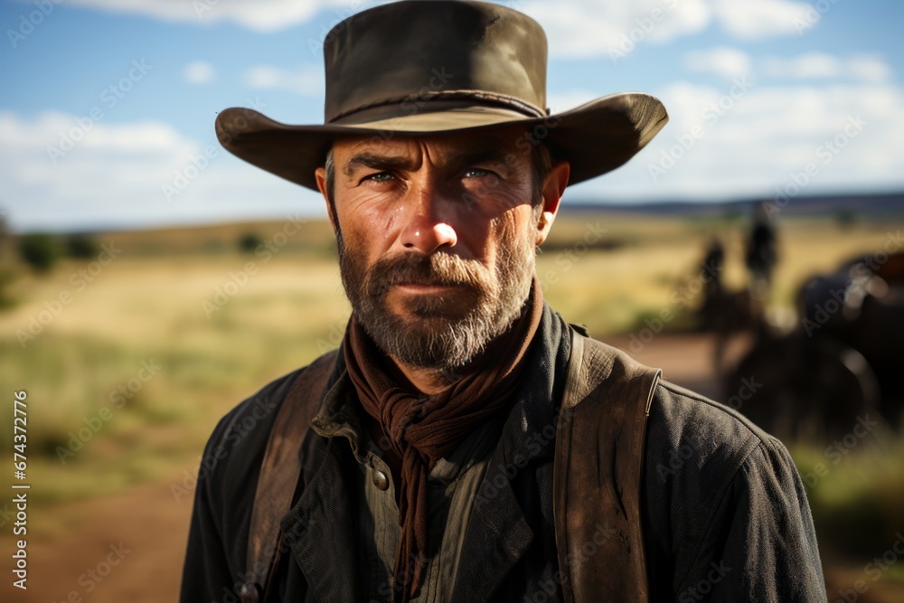 Portrait of mature man in cowboy clothes and hat against the backdrop of a wild western landscape. The Red Dead Redemption character looks at the camera with confident look. Real courageous cowboy.