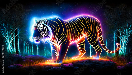 outline of tiger drawn with neon light, at night; graphic design concept;