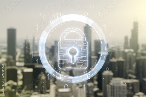 Virtual creative lock symbol and microcircuit illustration on blurry skyline background. Protection and firewall concept. Multiexposure
