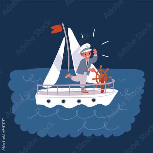 Cartoon vector illustration of Little Sailor. Marine - Nautical Theme collection for kids. Watercolor boat, bear, sea