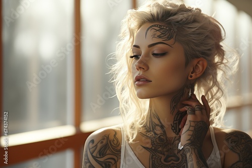 Close-up portrait of beautiful young long-haired girl with tattoos wearing a fantasy costume. Character of Scandinavian cult and mystic pagan rituals, charming witch in a mysterious place. Halloween. photo