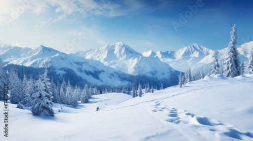 Picturesque, beautiful winter landscape of mountains and forest, snow-covered valley against the background of blue sky and clouds.