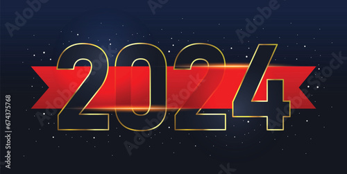 Vector graphic typo design big gold and red ribbon through 2024 numbers look letter style