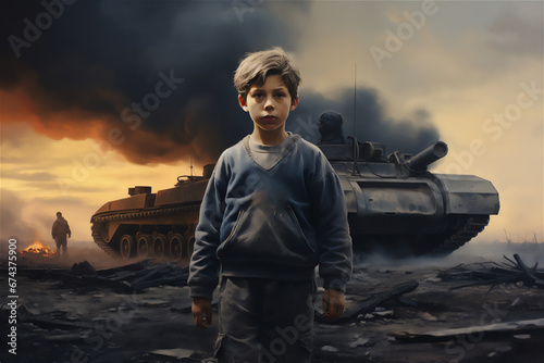 a brave boy stood up and stopped a tank, smoke everywhere © Maizal