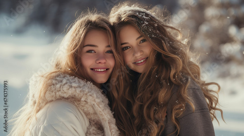 Portrait of Young, beautiful, smiling and happy Caucasian girls girlfriends in jackets against the backdrop of a winter, snowy landscape.