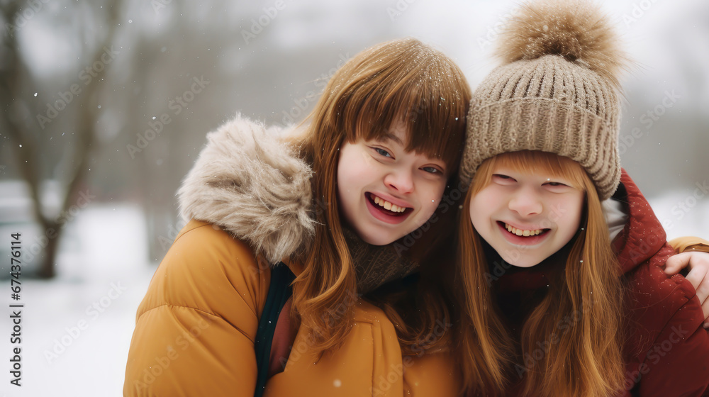 Portrait of Young, beautiful, smiling and happy girls friends with Down syndrome in jackets against the backdrop of a winter, snowy landscape.
