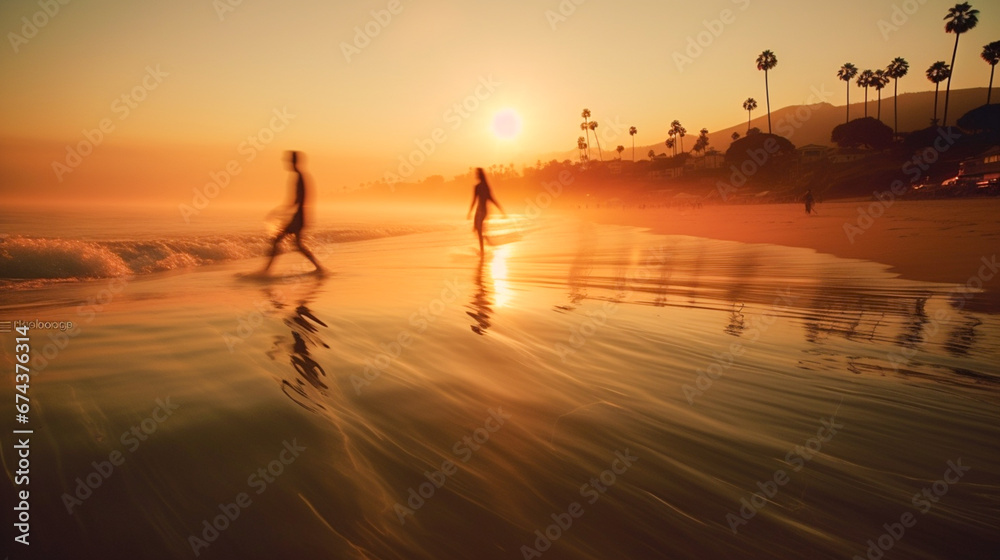 Beautiful sunset on the beach with a wave splashing into the water.