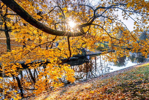 Golden autumn in central public park of Riga - the capital of Latvia, Baltic ...
