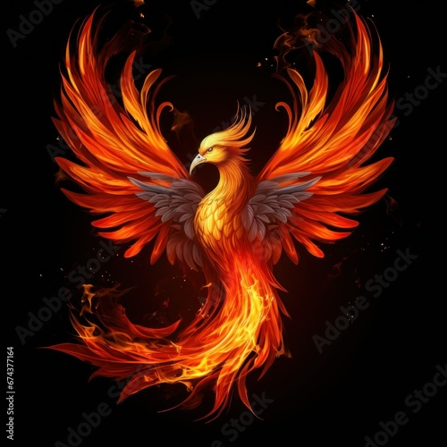 Fiery phoenix bird in a dark fiery background. 