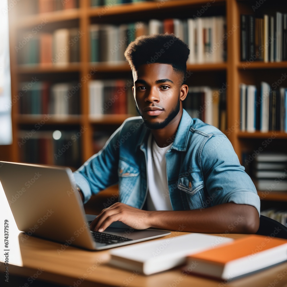 Student guy in the library studying on a laptop Student guy in the library studying on a laptop