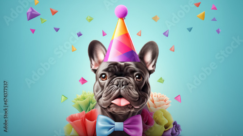 illustration of cute French bulldog in blue birthday hat on colorful festive background
