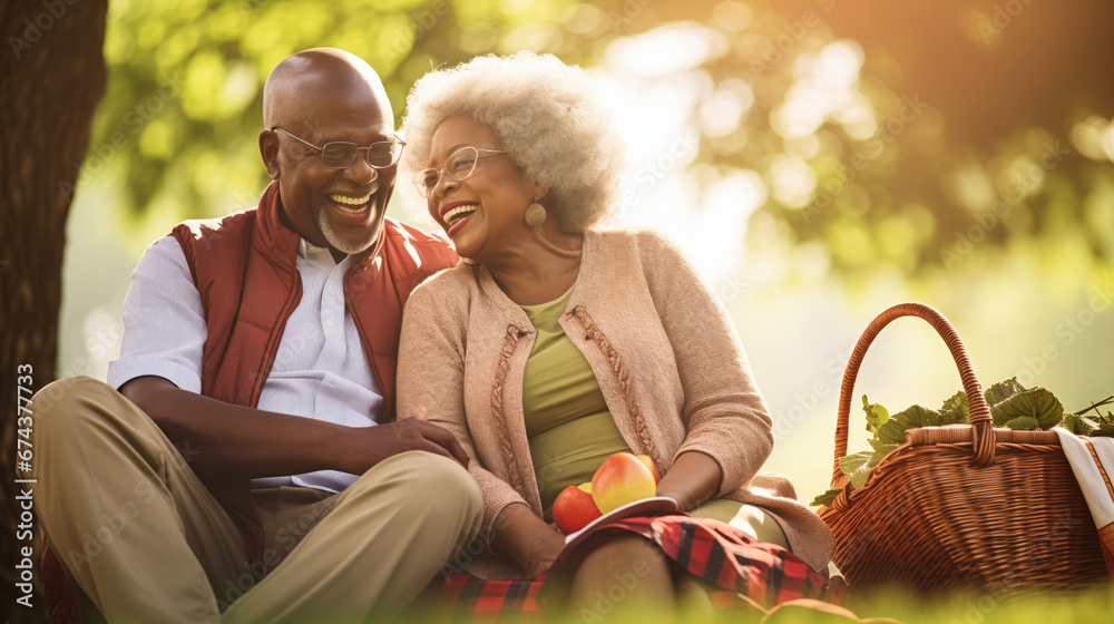 A content senior African American couple sitting on a checkered blanket, surrounded by a picnic basket and healthy snacks, under the shade of a large tree in a park - obrazy, fototapety, plakaty 