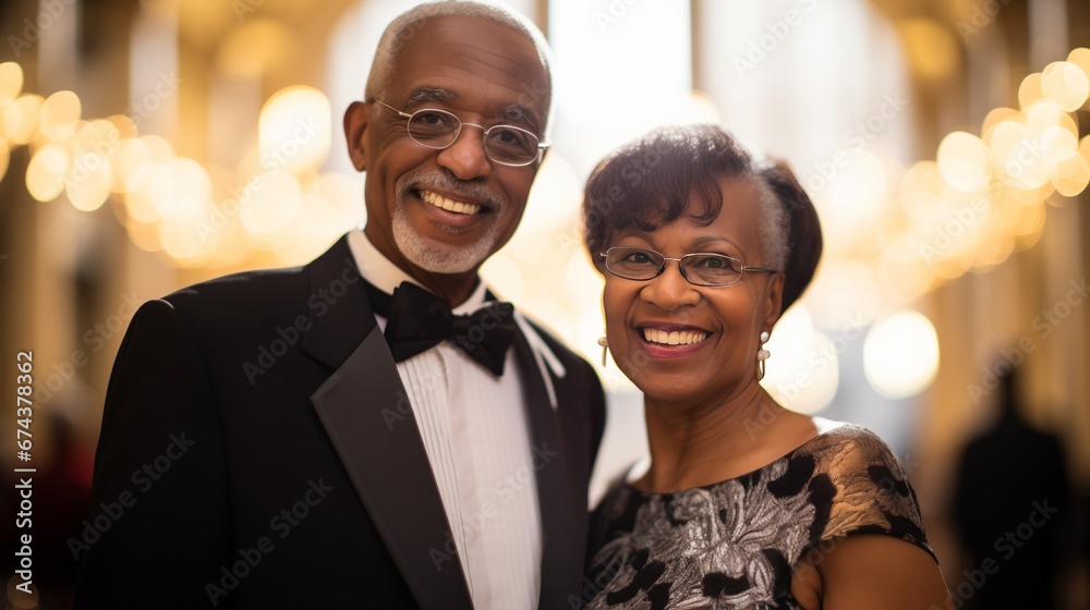 A content senior African American couple at a charity fundraiser gala, dressed in their finest attire. A content senior African American couple at a charity fundraiser gala, dressed in their finest attire.
