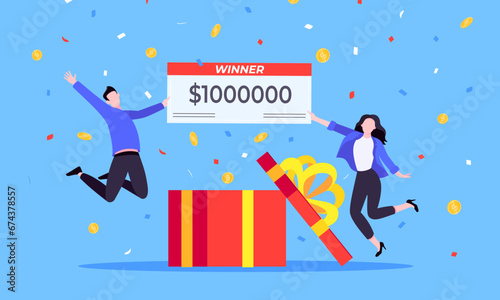 Happy lottery winners with big prize paycheck. Fortune lottery or casino gambling lucky games concept flat style design vector illustration. People jumps in the air with trophy cup.