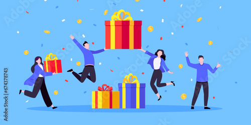 Earn loyalty program points, get online reward and gifts. Get loyalty card and customer service business concept flat design vector illustration. Tiny people won big gift box prize.
