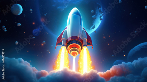 Spaceship 3d cartoon illustration takes off into the night sky on a mission. Rocket starts into space. 